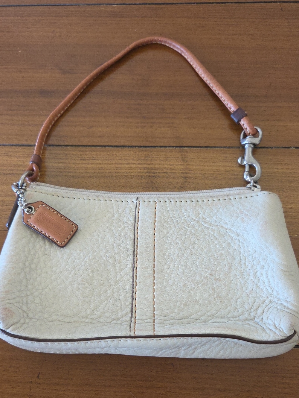 Coach Cream Pebbled Leather Mini Wristlet with Tan Strap